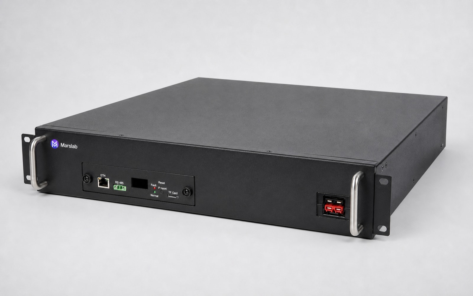 MarsMiner Hydro right-front three-quarter studio view showing the full-depth rack chassis and front panel