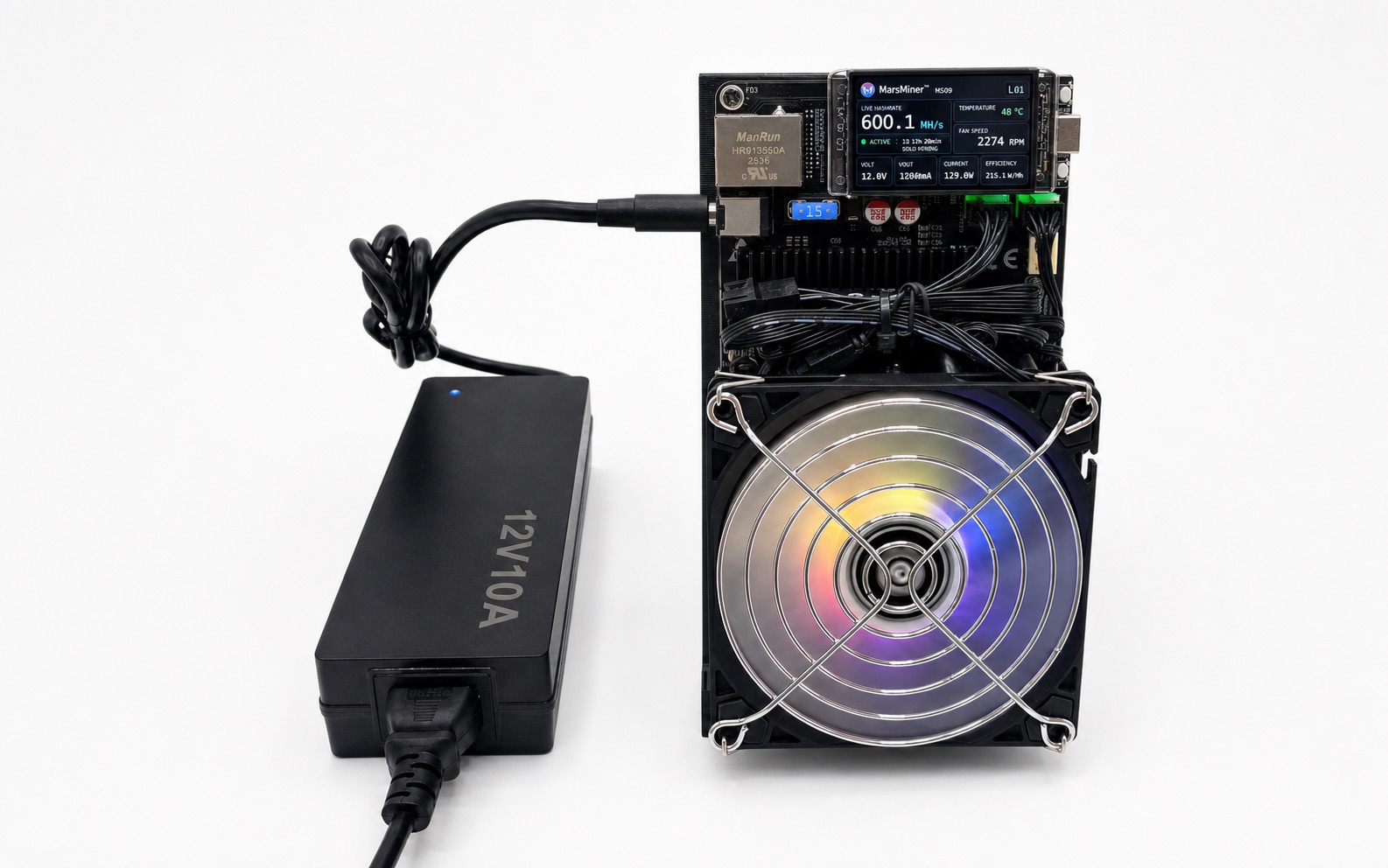 MarsMiner Solo open-frame air-cooled miner with final MarsMiner status interface and external power supply